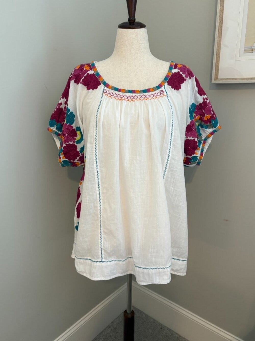 By Anthropologie Short-Sleeve Embroidered Tunic Top Size L